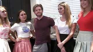 A guy gets lucky in the pool with his four naked friends around him