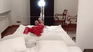 Lick Oil off Ass Dancing in Red Catsuit Liquid