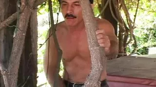 Slutty brunette invites the peeping gardener over and takes his cock up her ass outdoors