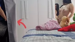 The stepfather really wanted to see his stepdaughter naked! But she catches him masturbating behind the curtain