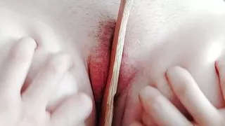 I mash pink pussy with the spatula until it turns red