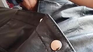 Masturbation with leather gloves and outfit