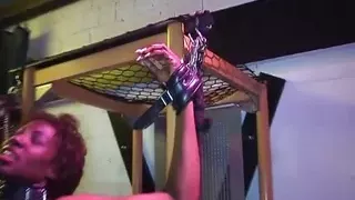 Ebony German bitch gets tied up and fucked hard in the BDSM interracial Gangbang