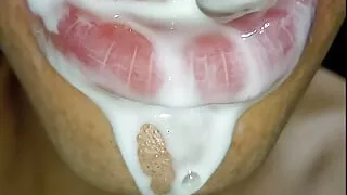 Cum in my mouth, play with your cum, and swallow it, close-up, naughty gay, tongue, sloopy