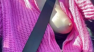 Italian Big tits and Big nipples Milf Artemisia Love driving and showing her hard nipples Bouncing boobs Flashing