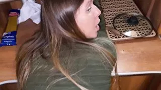 Sexwife gets fucked hard in the kitchen, swears and gets hot cum on her hairy pussy