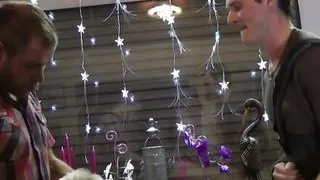 Two young men mount old mare