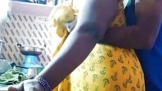 A friend cheats on his friend and has romantic sex with his wife in the kitchen.(cheating sex)