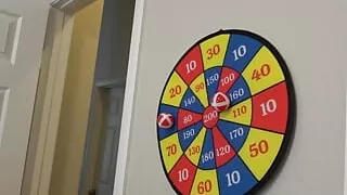 A threesome strip darts with two lovely skinny babes and a lucky guy