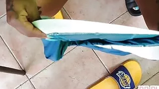 Handjob and Cumshot on the Big Tits of the Sex-addicted African Lover