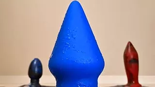 The first time I take my biggest plug! Extreme 4' wide blue anal plug insertion