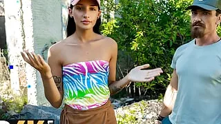 HUNT4K. Hot Russian brunette unleashed herself and fucked in public ruins in front of her BF