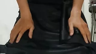 Crossdresser Wearing Satin Black Long Gown Shiny Masturbation Cum