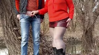 Mother-in-law and son-in-law take turns peeing