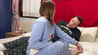 "Take it easy! Or you'll wake up my husband!" -brunette milf fucks with husband's friend. Dialogues English