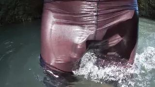 Jerking off in a public river untill I drop a massive cumshot in my see through leggings
