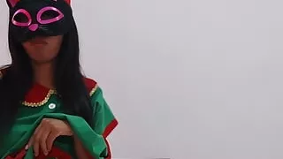 Brunette Wears Her Christmas Suit And Models Sexy Showing Her Buttocks And Vagina