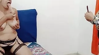 Lesbian MILF Plays with a Big Dildo While Her Stepsister Makes a Video for Her
