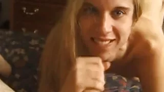 A hot, skinny blonde aggressive blowjob technique on his small penis