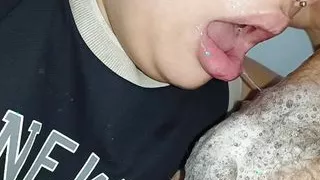 EXTREME CLOSE UP, see a little mouth wetting swallowing a hard cock