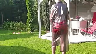 MacIntosh coat in the garden