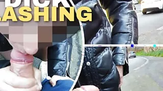 Dick flash - I pull out my cock in front of a hot girl between cars on the public street and she helps me cum - Real very risky