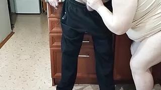 dick jerking in the kitchen and cum in mother-in-law's mouth