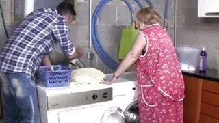 Hardcore sex with granny in the washroom