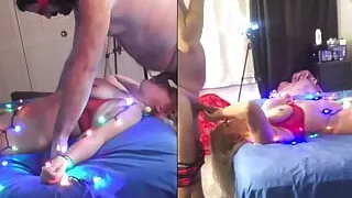 Wife dressed in Christmas lights masturbates with huge candy cane