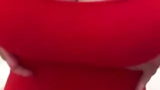 Young neighbor with milky tits in a red dress