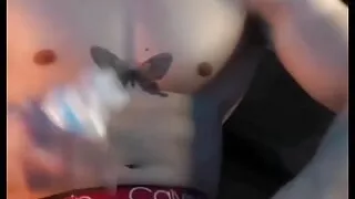 The handsome Asian man is taking a selfie and ejaculating semen