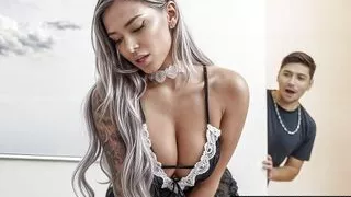 Bombshell blonde maid teams up with big tits redhead for threesome with stepson