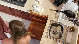 Hot kitchen housewife fucked while washing dishes