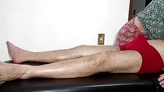 He managed to take off the masseuse's clothes and convince her to give him a blowjob and sit on him.