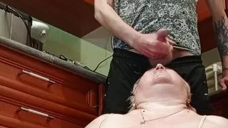 hot cum in stepmom's mouth after jerking off a dick in the kitchen