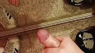 Young cock with kinky cockring cums after work