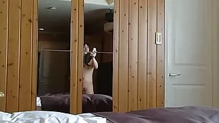 Masturbation in purple full-body tights