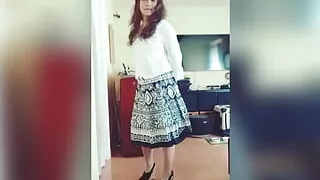 Modeling White Blouse Retro Skirt Showing Legs Stockings Garter Halfslip Panty