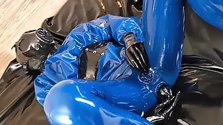 OnlyFans teaser - Blue latex catsuit with integrated vaginal and anal condoms!