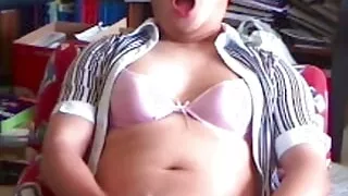 Dirty sissy crossdress slut man whore squirming crazy masturbation orgasm while wearing girlfriend's bra shirt and sweater