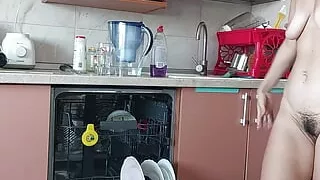 Sensual hairy Latina in the kitchen, hairy pussy, big tits. Hairy pussy amateur wife, big tits, big nipples,