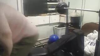 FatAssSmallDick uses weight bench to do 4 sets of 10 lifts of 80lbs while stripping naked