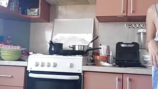 Sexy brunette naked in the kitchen. Latina hairy pussy, big ass, big tits, big nipples.