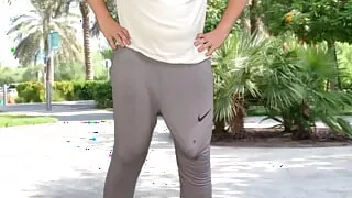 Monster cock in grey sweatpants public flash cum
