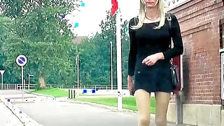 Public walk with high heels and short dress