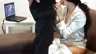 Handcuffed and blindfolded she has to give a blowjob like the skilled cocksucker she is, cumshot on her naked feets