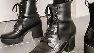 Changing the chunky platform high heel boots while wearing shiny latex - ASMR