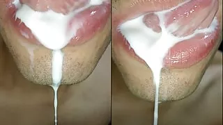 Cum in my mouth, play with your cum, and swallow it, close-up, naughty gay, tongue, sloopy, hot and submissive trans