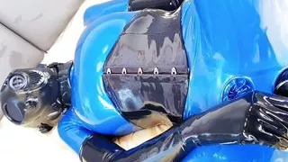 OnlyFans teaser - Anal toys in blue latex catsuit with red integrated vaginal and anal condoms!