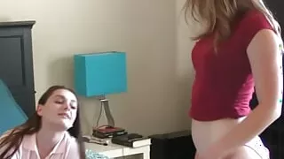 Aften and Stella strip wrestling before giving him a wet blowjob